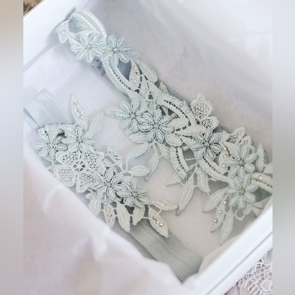 Tania Maras Lace Elastic Wedding Garters Swarovski Crystals Something Blue BHLDN - Picture 2 of 5